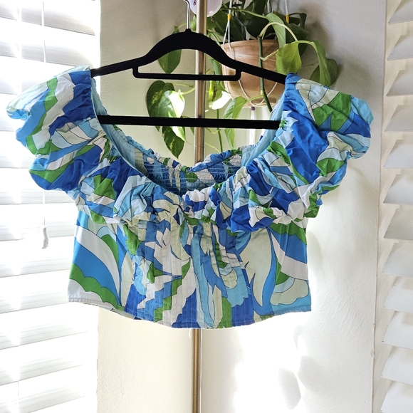 Anthropologie Tops - Maeve By Anthropologie Blue and Green Leaf Print Crop Top